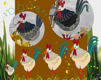 Machine Embroideries/Appliqué designs - HAPPY CHICKS - The Roosters - 4 Hand drawn, detailed Roosters in a row - 4 sizes from 4x4" - 8x9"