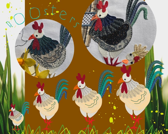 Machine Embroideries/Appliqué designs - HAPPY CHICKS - The Roosters - 4 Hand drawn, detailed Roosters in a row - 4 sizes from 4x4" - 8x9"