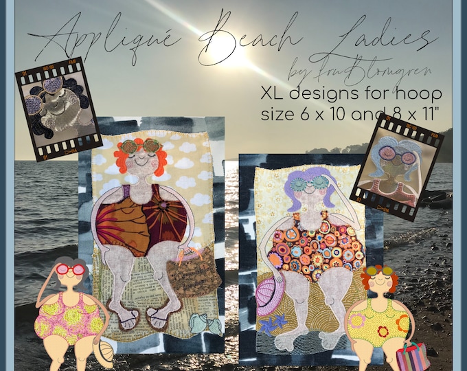 XL Appliqué BEACH LADIES - XLarge designs with my hand drawn, Appliqué Summer girls - Lucia and Bella for extra large hoop sizes