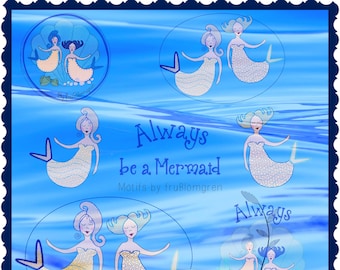 6 Large Beautiful, detailed and hand drawn Mermaid designs + a text to embellish your textile Summer projects - Embroidery and Appliqué