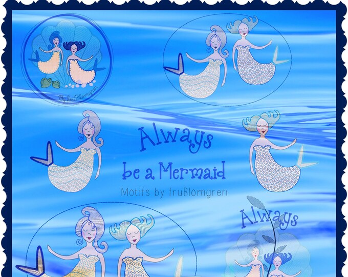6 Large Beautiful, detailed and hand drawn Mermaid designs + a text to embellish your textile Summer projects - Embroidery and Appliqué