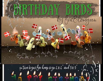Birthday Birds - handdrawn easy going little ITH softies - for hoop size 4 x 4" and 5 x 5" - 4 variants in each two sizes