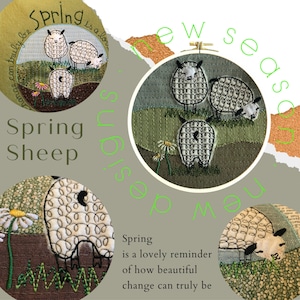 May include: A close-up of a hand-stitched embroidery hoop featuring three white sheep with black eyes and noses. The sheep are standing on a green field with a few white daisies. The text "Spring is a lovely reminder of how beautiful change can truly be" is written below the hoop.
