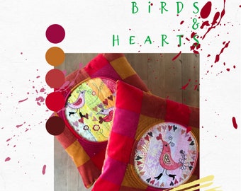 11 Large BIRDS AND HEARTS Machine Embroidery Designs - hand drawn by me - for hoop size 8x8 + - Appliqué Birds and Cross stitch Hearts