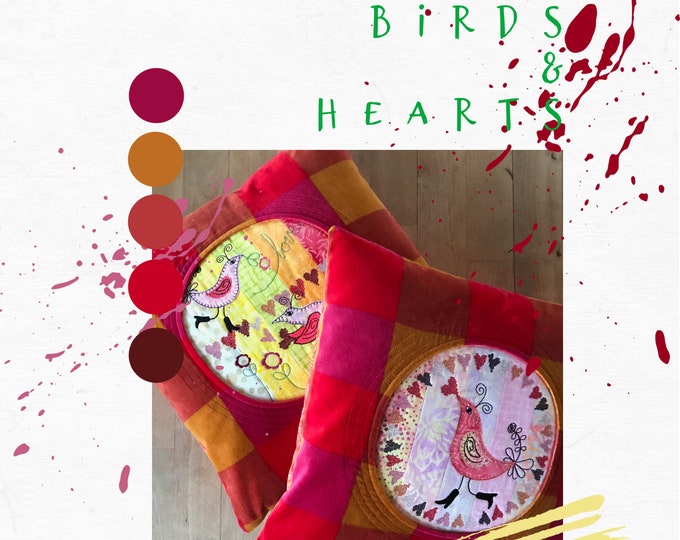 11 Large BIRDS AND HEARTS Machine Embroidery Designs - hand drawn by me - for hoop size 8x8 + - Appliqué Birds and Cross stitch Hearts
