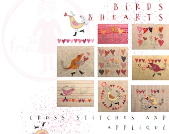 BIRDS & HEARTS - 10 Machine Embroidery designs for 5x7, hand drawn Appliqué Birds and Cross stitch Hearts - in rows and frames - mix'n match