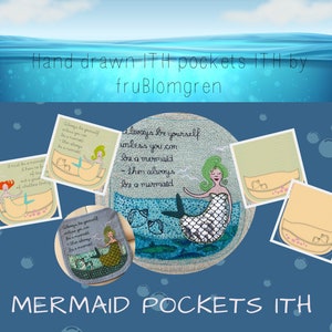 6 MERMAID POCKETS ITH - Appliqué/Embroidery Pockets to make in the hoop on your embroidery Machines, 2 sizes each in 3 variants, Hand Drawn