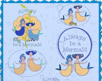 4 Awesome Mermaid Motifs for the 5 x 7" hoop - 13 x 18 cm - Hand drawn and light stitched - mix of embroidery and appliqué, versatile usage