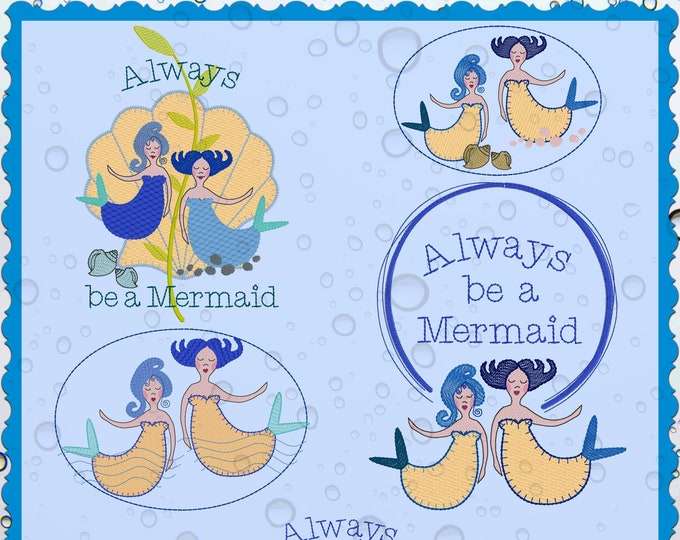 4 Awesome Mermaid Motifs for the 5 x 7" hoop - 13 x 18 cm - Hand drawn and light stitched - mix of embroidery and appliqué, versatile usage