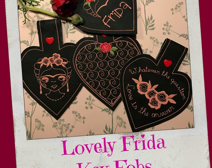4 cute ITH Key Fobs with my Lovely Frida - DIY Key Fobs for fast made gifts, 4 different designs, Hand drawn designs for the 5 x 7 hoop