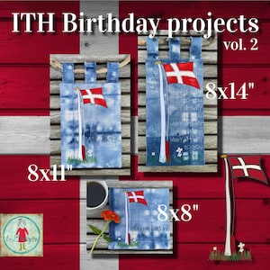 May include: Three different sizes of fabric wall hangings with a Danish flag design. The hangings are 8x11 inches, 8x14 inches, and 8x8 inches. The hangings are made of blue fabric with white clouds and a white flagpole with a red and white Danish flag. The text "Happy Birthday to you" is embroidered on the 8x14 inch hanging. The text "Congratulations" is embroidered on the 8x8 inch hanging.