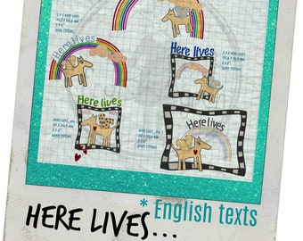 5 Whimsical, Hand drawn Appliqué Motifs for Wall Hangers: 'Here lives...' and then you insert names of your choice, great gift idea