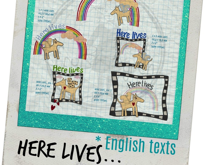 5 Whimsical, Hand drawn Appliqué Motifs for Wall Hangers: 'Here lives...' and then you insert names of your choice, great gift idea