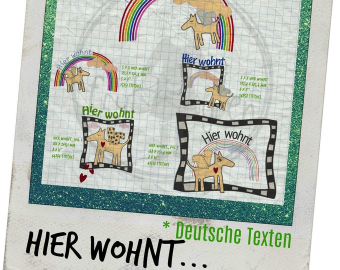 5 Wunderschöne Applikationsdateien für Wandhänger oder andere textile Projekten - mit Deutsche Texten: Hier Wohnt... Handgezeichnet