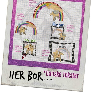 May include: Five colorful illustrations of a dog with wings and a rainbow. Each illustration is framed with a black border and includes the text "Her bor" and the dimensions in millimeters and inches. The text "HER BOR*Danske tekster" is at the bottom of the image.