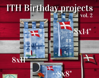 ITH mini-quilts and a Birthday MugRug for your embroidery machine - with Danish flags - with or without texts - for larger hoop sizes