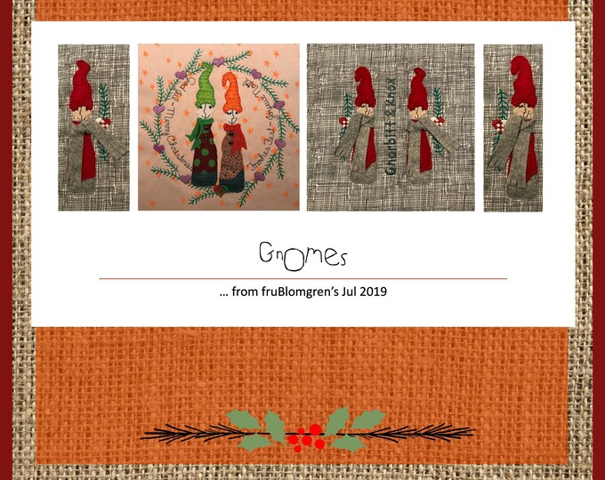 GNOMES - fruBlomgren Style - 2 motifs and 2 single designs - Appliqué and Embroidery designs for embellishments of all your Christmas DIY