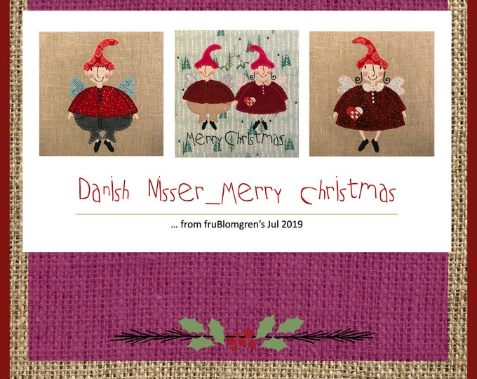 DANISH NISSER - Nisse Girl and Nisse Boy - with wings - Hand drawn designs - 2 single designs + a motif with the Nisser under the Mistletoe