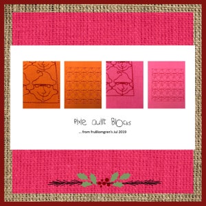 May include: Four red, orange, and pink squares with a pixelated design of a Christmas tree and a smiling face. The text "pixie quilt BLOCKS... from fruBlomgren's Jul 2019" is below the squares.
