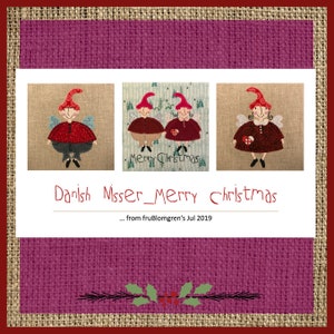 Può includere: Tre elfi di Natale illustrati con cappelli rossi e abiti rossi e bianchi. Gli elfi tengono in mano dei regali e hanno le ali. Il testo "Danish Misser_Merry Christmas... from fruBlomgren's Jul 2019" è sotto gli elfi.