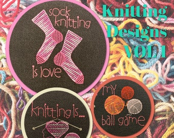 4 Machine Embroidery Designs Easy Made for Knitters - 4 motifs and texts Knitting is my yoga etc - hand made designs for your craft projects