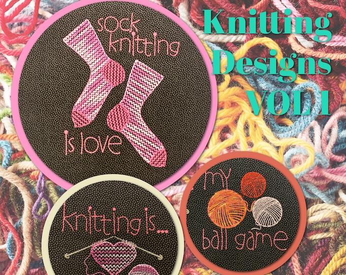4 Machine Embroidery Designs Easy Made for Knitters - 4 motifs and texts Knitting is my yoga etc - hand made designs for your craft projects