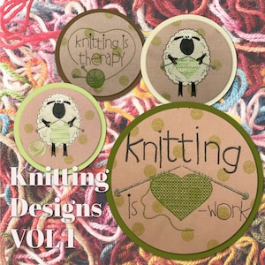 4 Machine Embroidery Designs Easy Made for Knitters - 4 motifs and texts Knitting is heart work - hand made designs for your craft projects