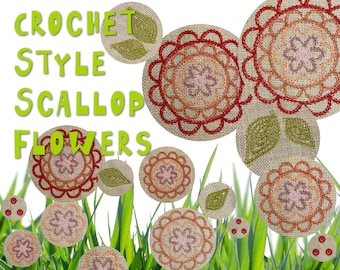 18 Machine Embroidery Flowers and Leaves - Crochet Style - Scallop Flowers - for making beautiful textile flower decorations, mix and match