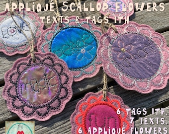 Machine Embroidery Flower Tags ITH, Texts and Appliqué Flower Frames - Crochet Style Scallop Flowers - 23 designs for hoop size 4 x 4"