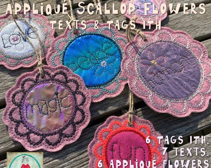 Machine Embroidery Flower Tags ITH, Texts and Appliqué Flower Frames - Crochet Style Scallop Flowers - 23 designs for hoop size 4 x 4"