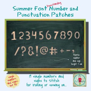 May include: A chalkboard with a green background and a yellow frame. The chalkboard has a set of 19 freestanding numbers and punctuation marks written in white chalk. The numbers are 1 through 9 and the punctuation marks are a forward slash, a question mark, an ampersand, an exclamation point, an at symbol, a pound sign, a plus sign, a minus sign, and a comma. The text "Summer Font Number and Punctuation Patches" is written in white chalk at the top of the chalkboard. The text "Approx. number and sign height 7 cm" is written in white chalk at the bottom right corner of the chalkboard. The text "19 single numbers and signs to stitch for ironing or sewing on..." is written in white chalk at the bottom of the chalkboard. The text "single numbers and signs, not bx" is written in white chalk in a circle at the bottom left corner of the chalkboard.