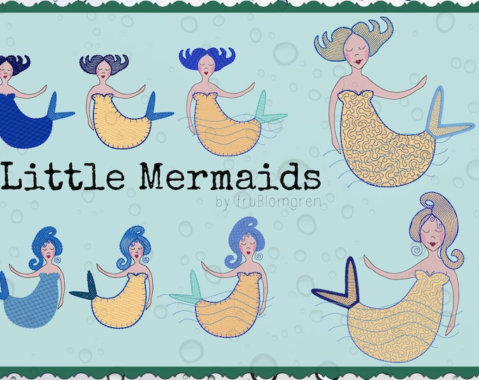 8 Little Hand drawn Light stitched Mermaids to embellish your textile Summer Projects - Machine embroidery designs for the smaller hoops