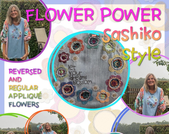 FLOWER POWER - Sashiko style - regular and reversed appliqué flowers, single flowers and detailed motifs - 14 designs - many hoop sizes