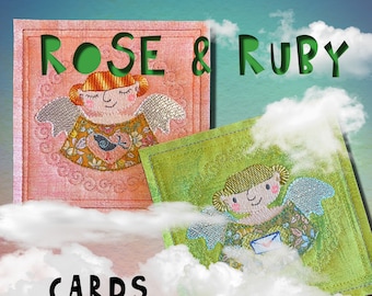 Cards ITH with ROSE and RUBY - to make on your embroidery machine - 2 cards with motifs, 1 blank and 2 motifs with swirl framed Rose & Ruby