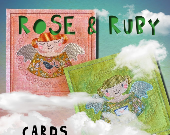Cards ITH with ROSE and RUBY - to make on your embroidery machine - 2 cards with motifs, 1 blank and 2 motifs with swirl framed Rose & Ruby
