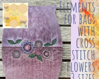 Quilted Elements for Bags for your embroidery machine and to sew together on your sewing machine - with Cross stitch FLOWERS - 3 sizes