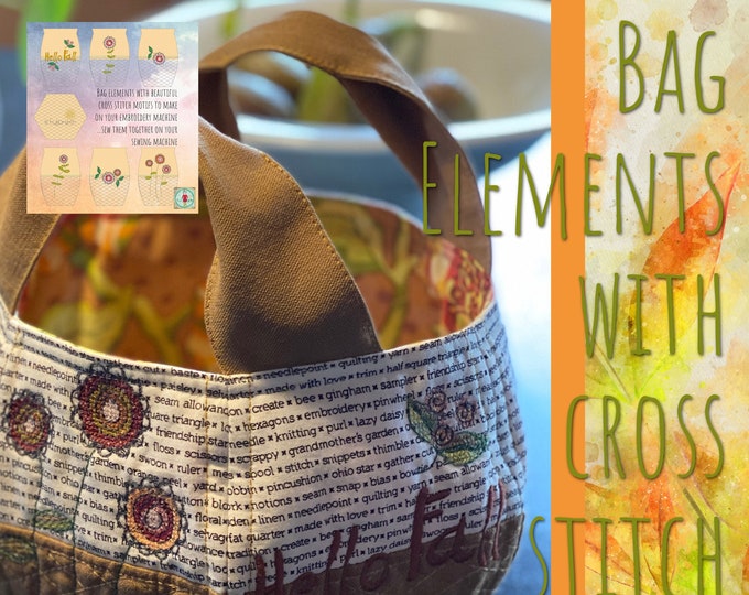 Quilted Bag elements for making a medium sized beautiful HELLO Fall bag on your embroidery machine and sewing machine. 6 different sides