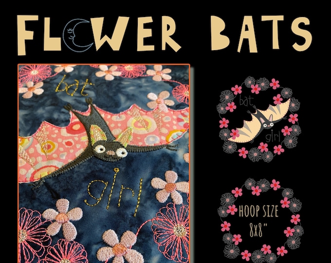 Single Design - APPLIQUÉ BAT in a wreath of Flowers - for hoop size 8 x 8, mixed design of Appliqué and Embroidery