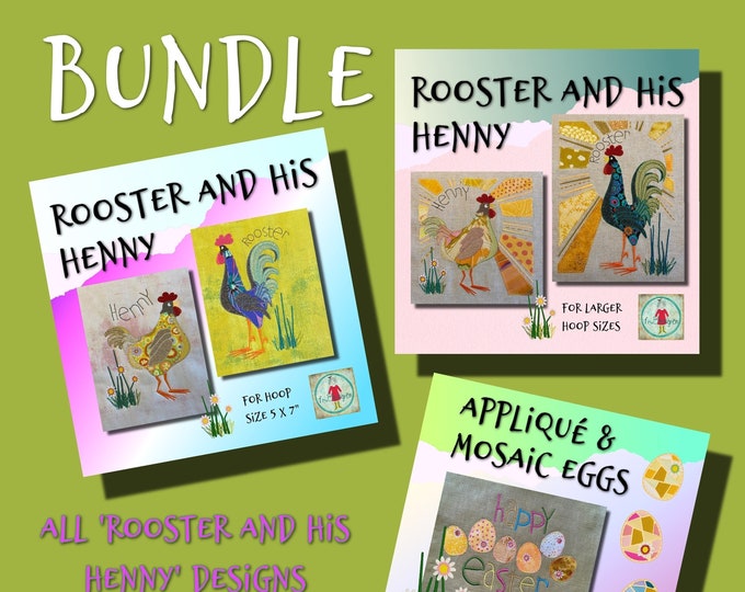 INTRO BUNDLE - Rooster and his Henny - all the designs and then the Appliqué and Mosaic Eggs for free - make cute projects with this pack