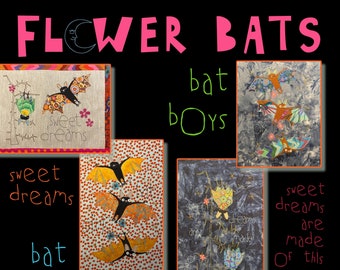 APPLIQUÉ FLOWER BATS - 5 Extra Large motifs with my hand drawn appliqué bats for hoop size 8 x 11" and 8 x14" - appliqué and embroidery
