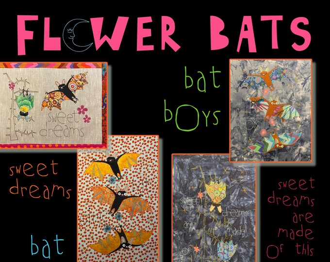 APPLIQUÉ FLOWER BATS - 5 Extra Large motifs with my hand drawn appliqué bats for hoop size 8 x 11" and 8 x14" - appliqué and embroidery
