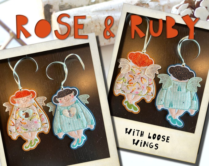 Freestanding, double sided Angel designs ITH, Machine embroidery, ROSE & RUBY - for hoop size 7 x 10", 2 angel designs + cute, tiny motifs