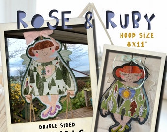 Freestanding, double sided Angel designs ITH, Machine embroidery, ROSE & RUBY - for hoop size 8 x 11", 2 angel designs + cute, tiny motifs