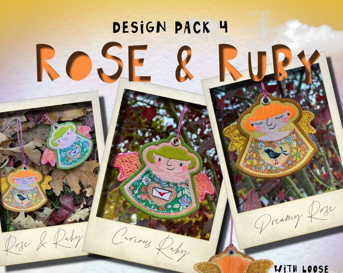 Freestanding, double sided Angel Girl designs ITH, Machine embroidery, ROSE & RUBY - design pack 4, for hoop size 4x4", 2 designs included