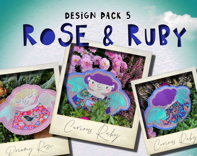 Angel MugRugs ITH, Freestanding, double sided, Machine embroidery, ROSE & RUBY - design pack 5, for hoop size 6x8", 2 MugRugs included
