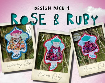 Freestanding, double sided Angel designs ITH, Machine embroidery, ROSE & RUBY - design pack 1, for hoop size 5x7", 2 angel designs included