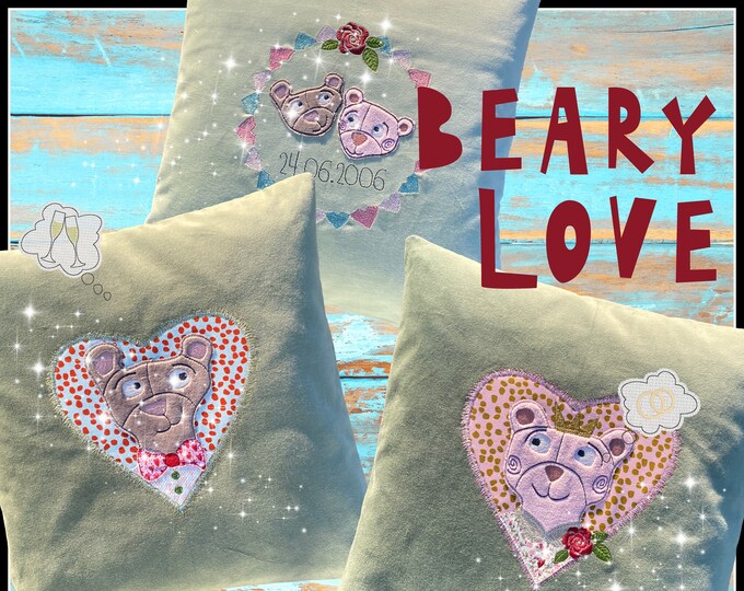 Cute Bear designs Machine Embroidery Appliqué for hoop size 8 x 8" - 20x20 cm - Handmade, heart-framed and with numbers for your special day