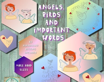 ANGELS, BIRDS and important WORDS - 10 cute, hand drawn machine embroidery motifs for all kinds of textile projects where cuteness is needed