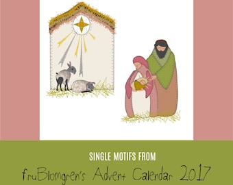 Nativity by fruBlomgren, A Babe is Born, 4 One-of-a-kind Handdrawn appliqué designs, Machine Embroidery, 2 sizes: 5 x 7" and 8 x 8"