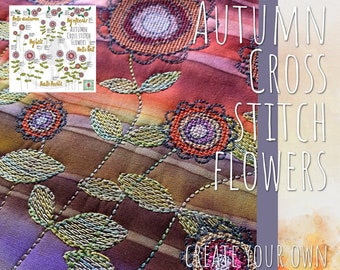 BIG BUNDLE of Autumn Cross stitch Flowers, Texts and motifs to mix and match - 23 hand drawn, easy going elements included - various sizes